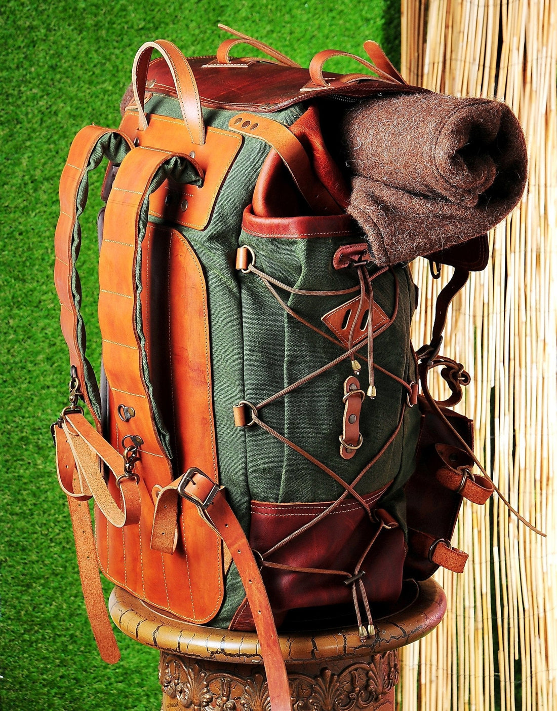 Camping Backpack | Camping Backpacks | Handmade Leather Backpack | Green | Waxed Canvas Backpack | Travel, Camping, Hiking | Personalization for your request bushcraft - camping - hiking backpack 99percenthandmade