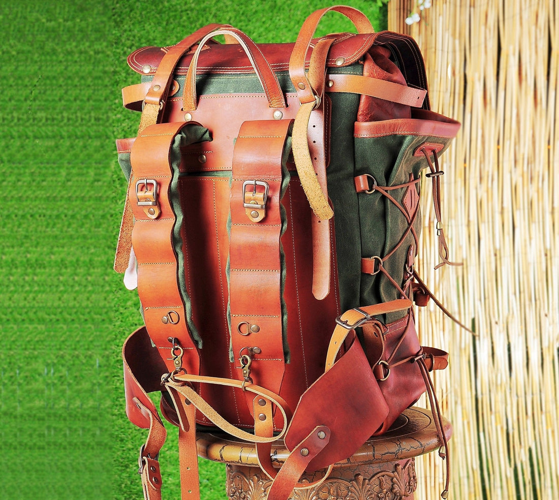 Camping Backpack | Camping Backpacks | Handmade Leather Backpack | Green | Waxed Canvas Backpack | Travel, Camping, Hiking | Personalization for your request bushcraft - camping - hiking backpack 99percenthandmade