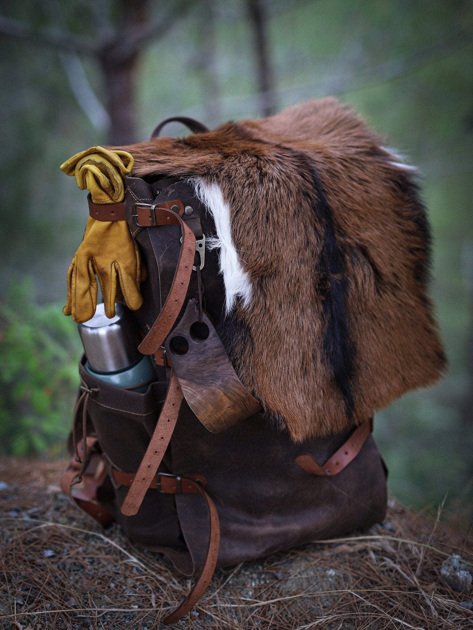 best goat leather backpack Handmade Camping Backpack, Fur Flap, Leather and Canvas