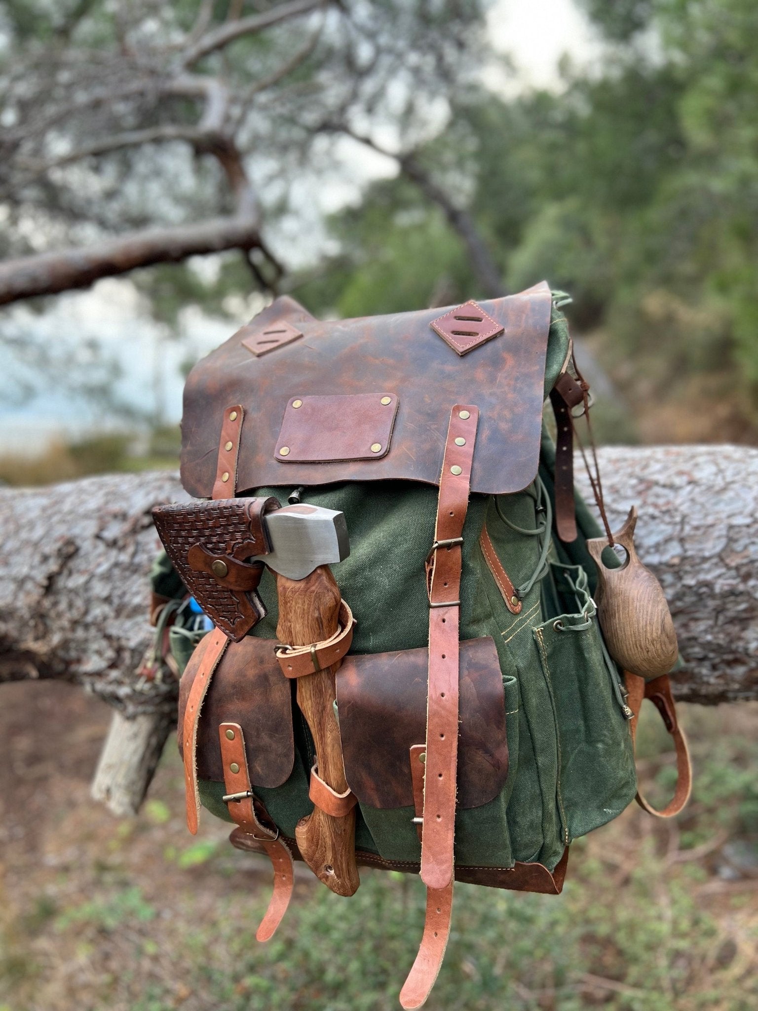 Hiking, Bushcraft, Camping Backpack. Leather-Waxed Canvas