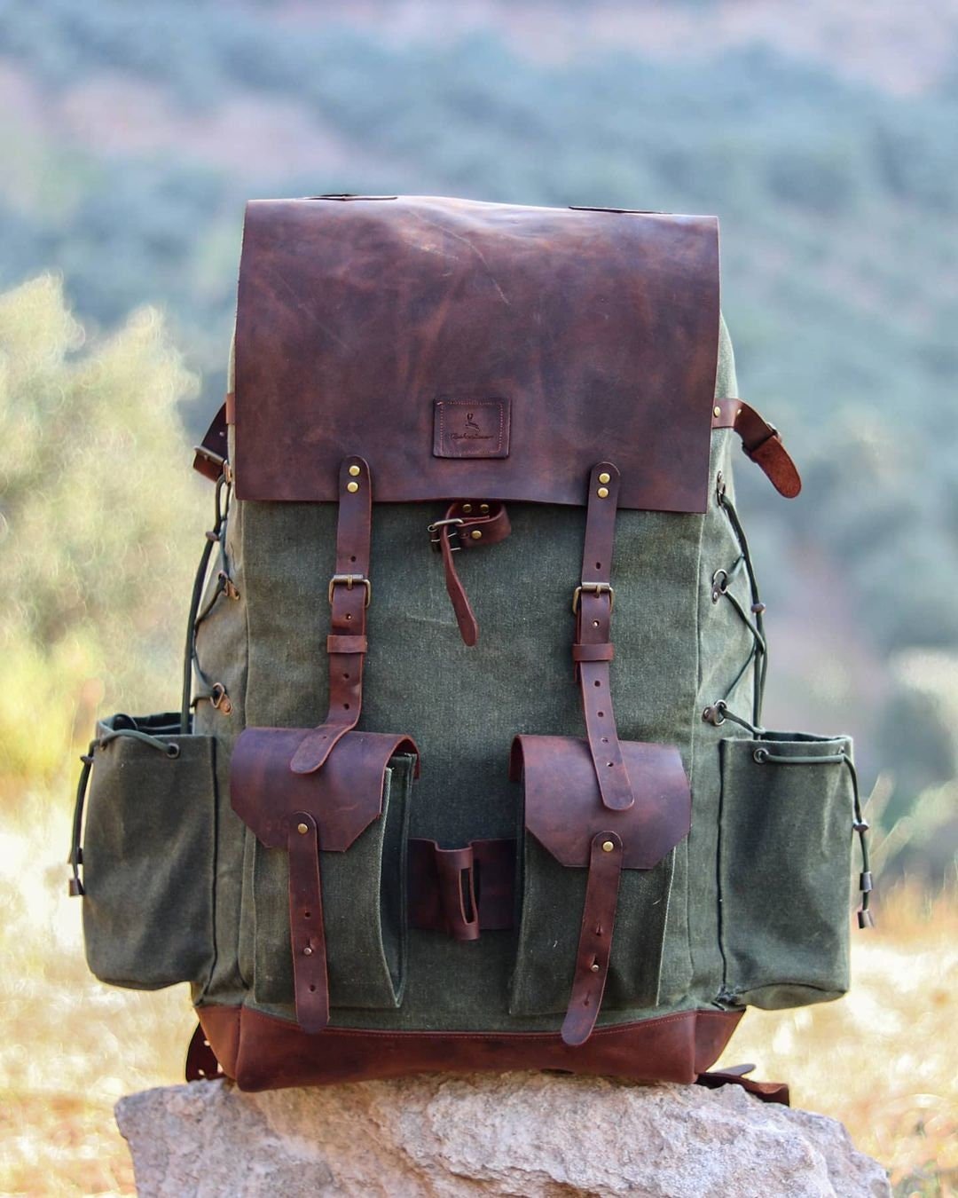 Handmade Genuine Green Leather and Waxed Canvas Backpack for Travel, Camping | 50 Liters | Personalization for your request bushcraft - camping - hiking backpack 99percenthandmade