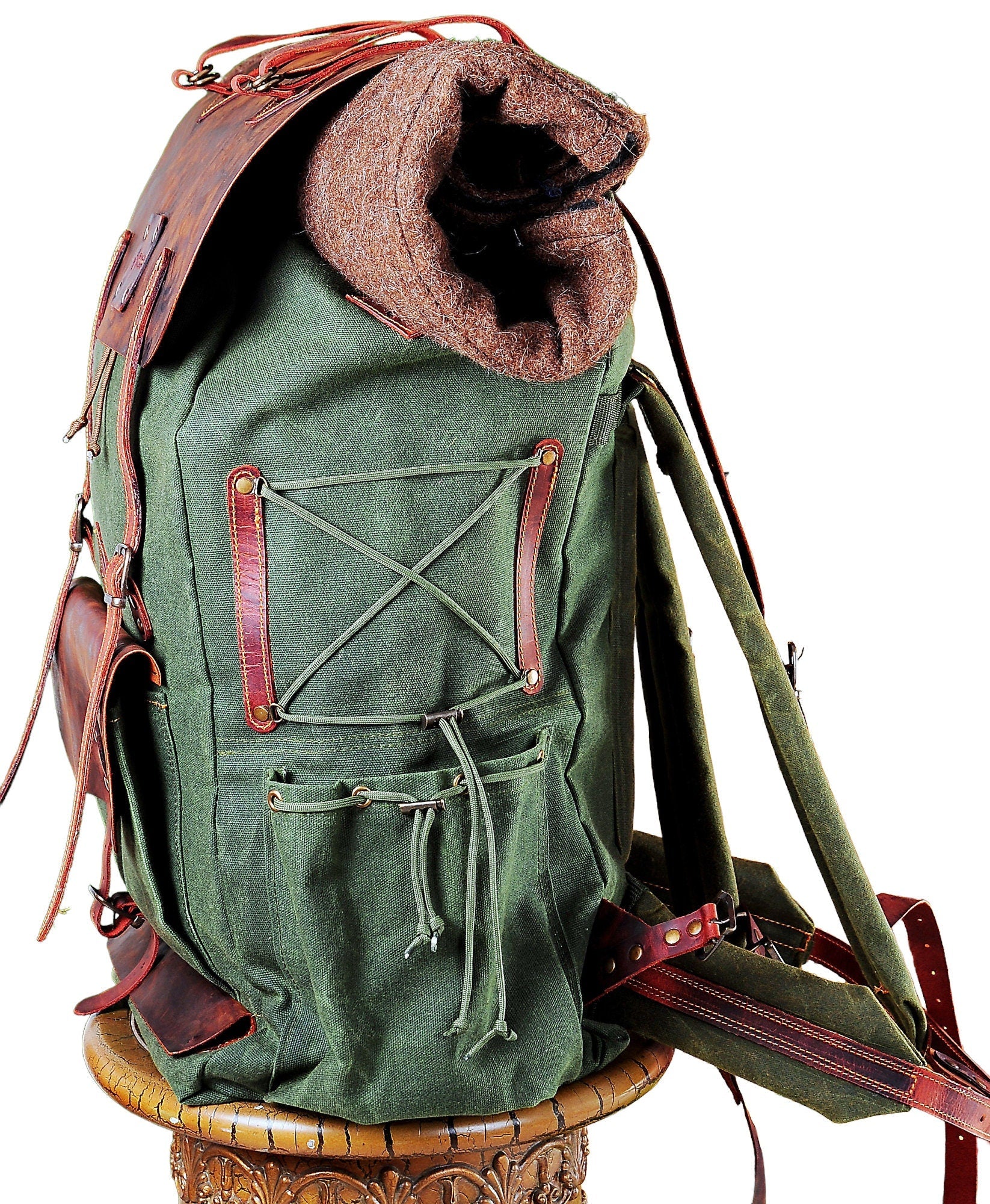 Leather-Canvas Backpack Hiking Backpack. Camping Backpack