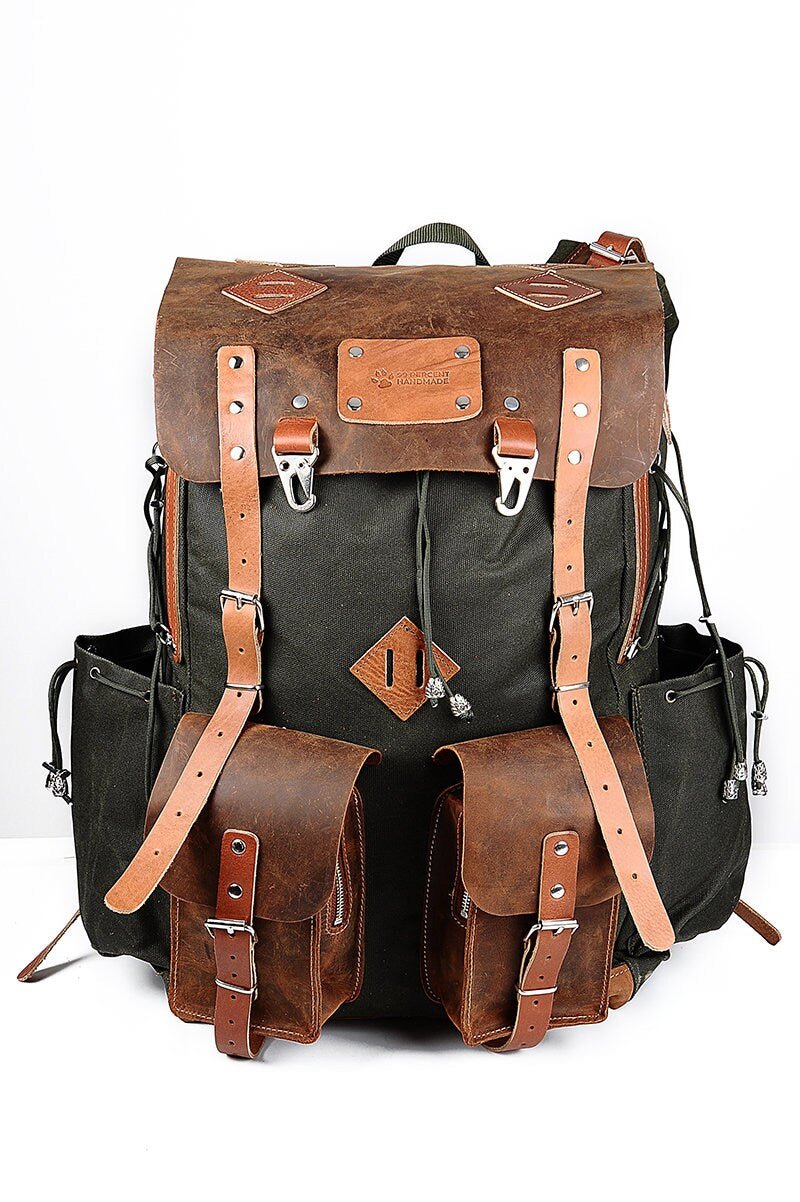 Laptop Backpack Daypack Handmade Waxed Canvas and Leather, 40L-50L Size Options  99percenthandmade