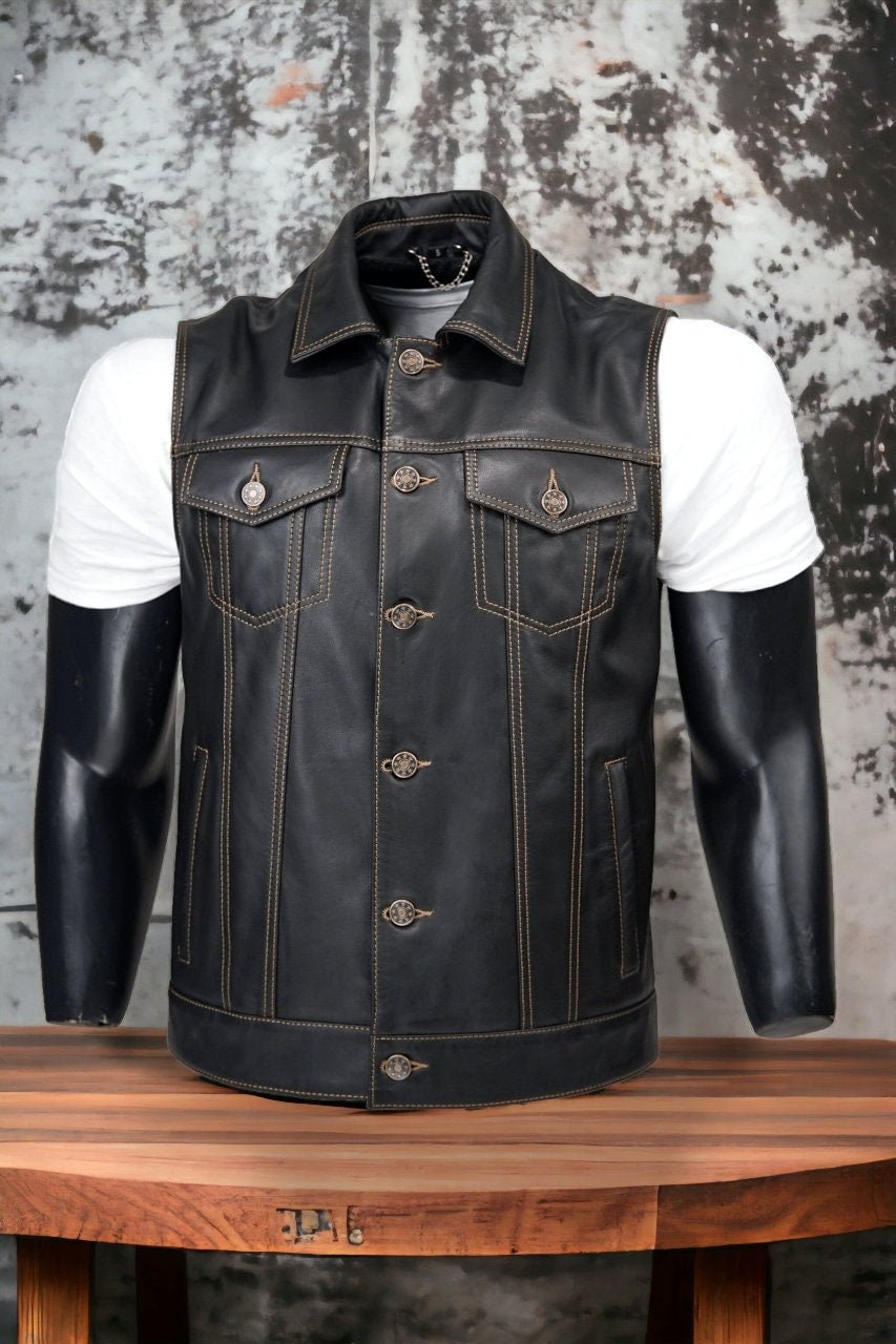 Leather Motorcycle Vest Biker Vest Leather Vest with Gun Pockets