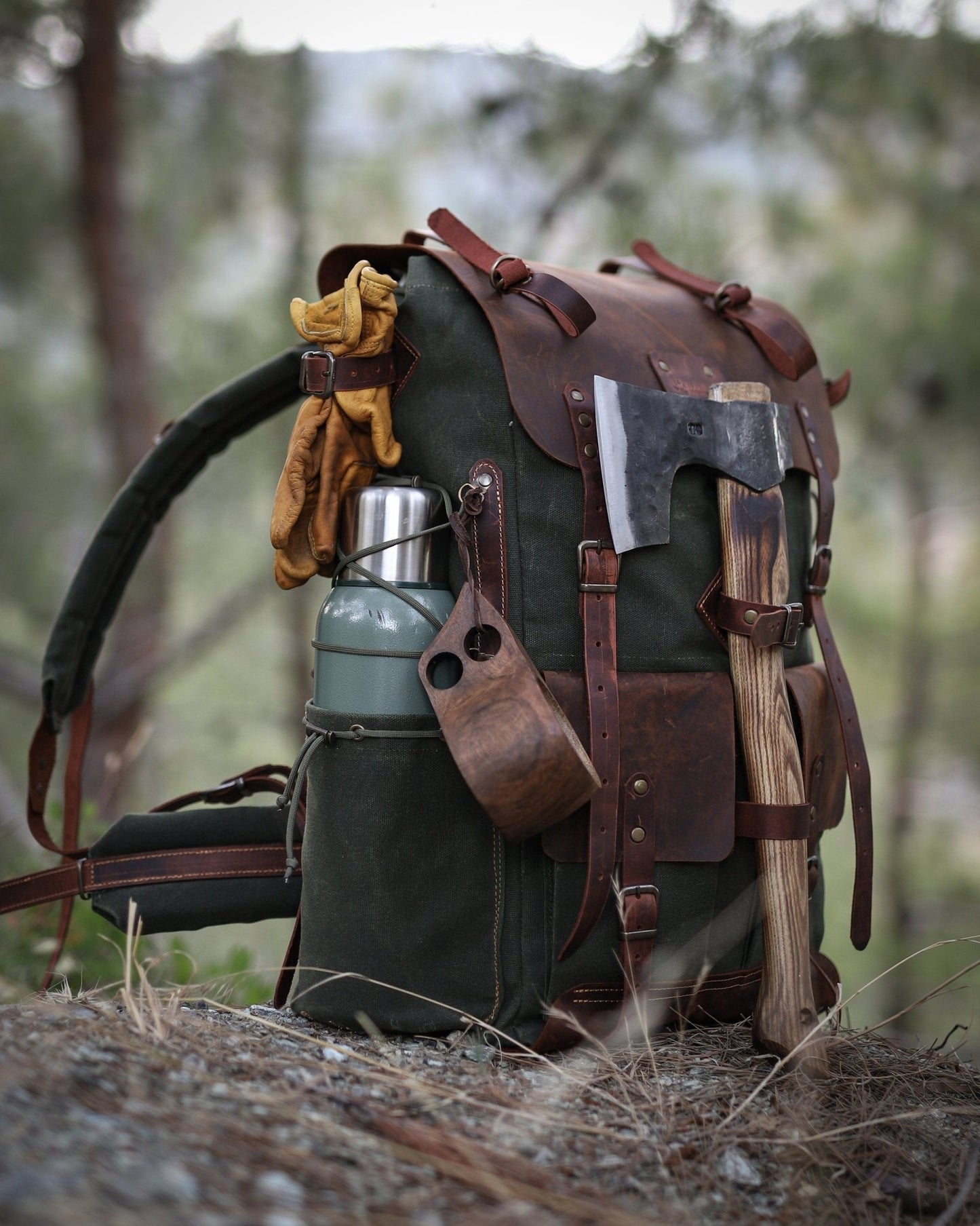 Limited Bestseller Custom Genuine Green Waxed Canvas with Leather Details Backpack for Travel, Camping | 60 Liters | Personalization  99percenthandmade   