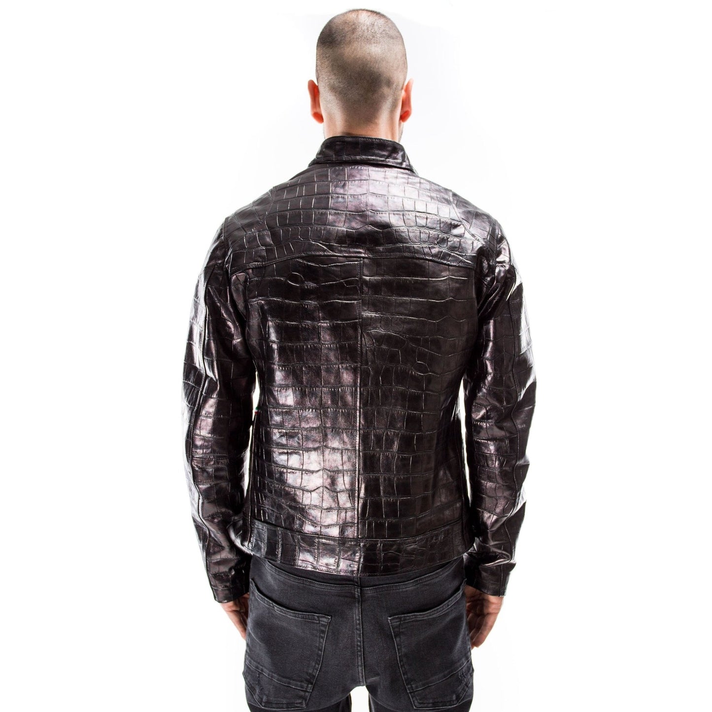 Men Black Alligator Crocodile Embossed on Lamskin Leather Biker Jacket Slim Fit  |  Leather Jacket | Tailored to Your Size |  99percenthandmade   