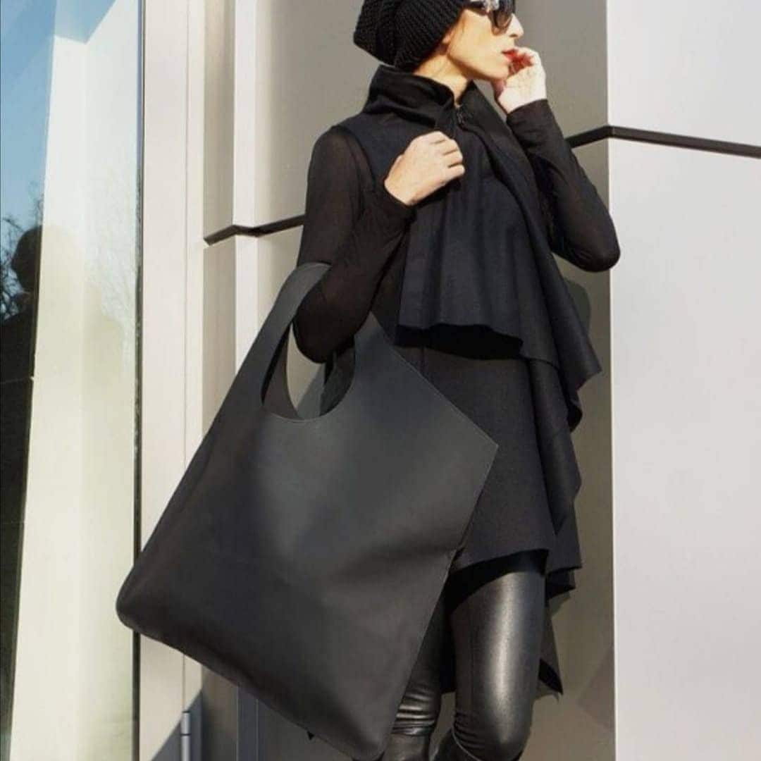 Modern Genuine Leather Handmade  Oversized Asymmetrical Tote bag with wallet, designers elegant bag, daily use  99percenthandmade Black  