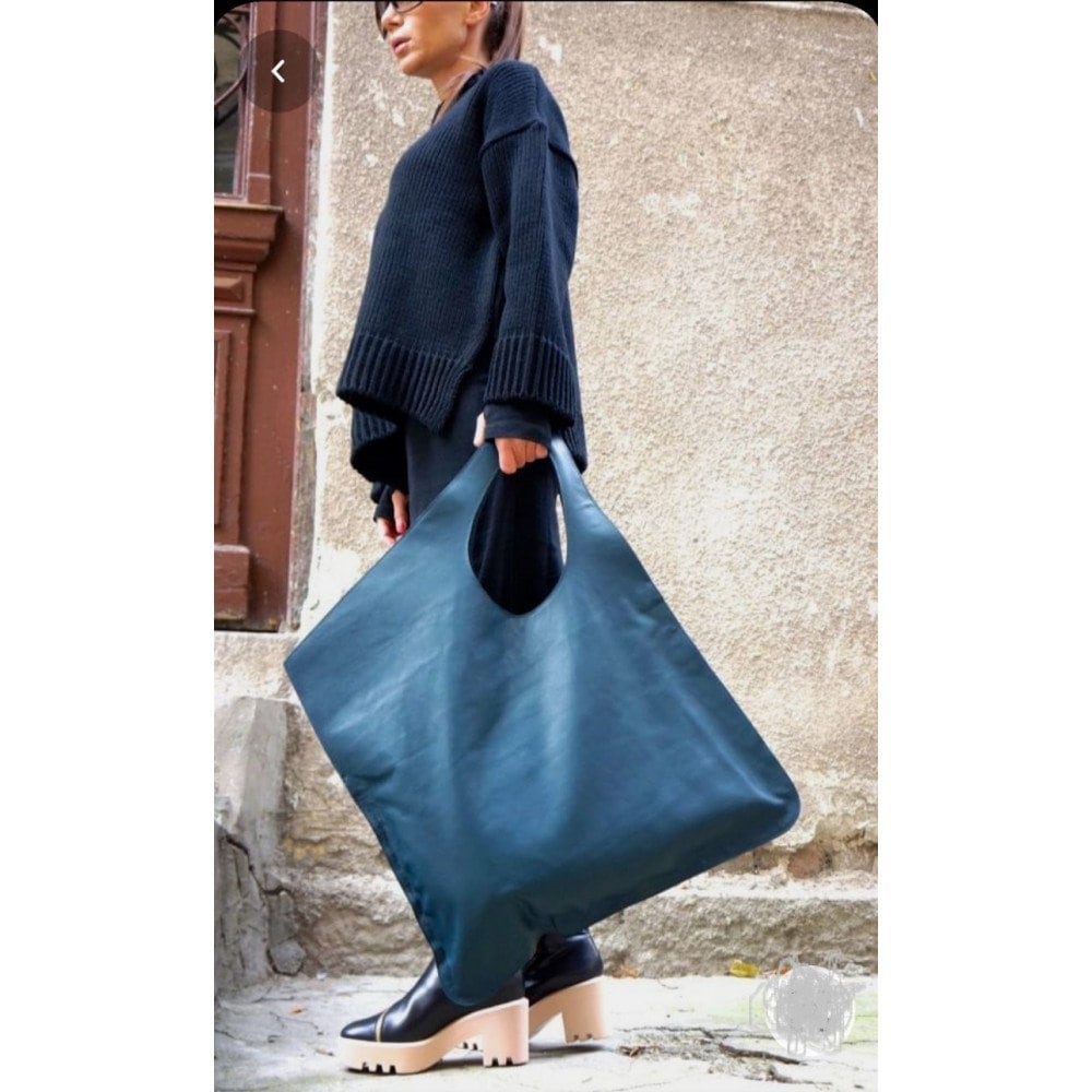 Modern Genuine Leather Handmade  Oversized Asymmetrical Tote bag with wallet, designers elegant bag, daily use  99percenthandmade Blue  