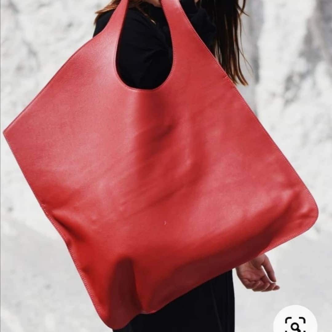 Modern Genuine Leather Handmade  Oversized Asymmetrical Tote bag with wallet, designers elegant bag, daily use  99percenthandmade Red  