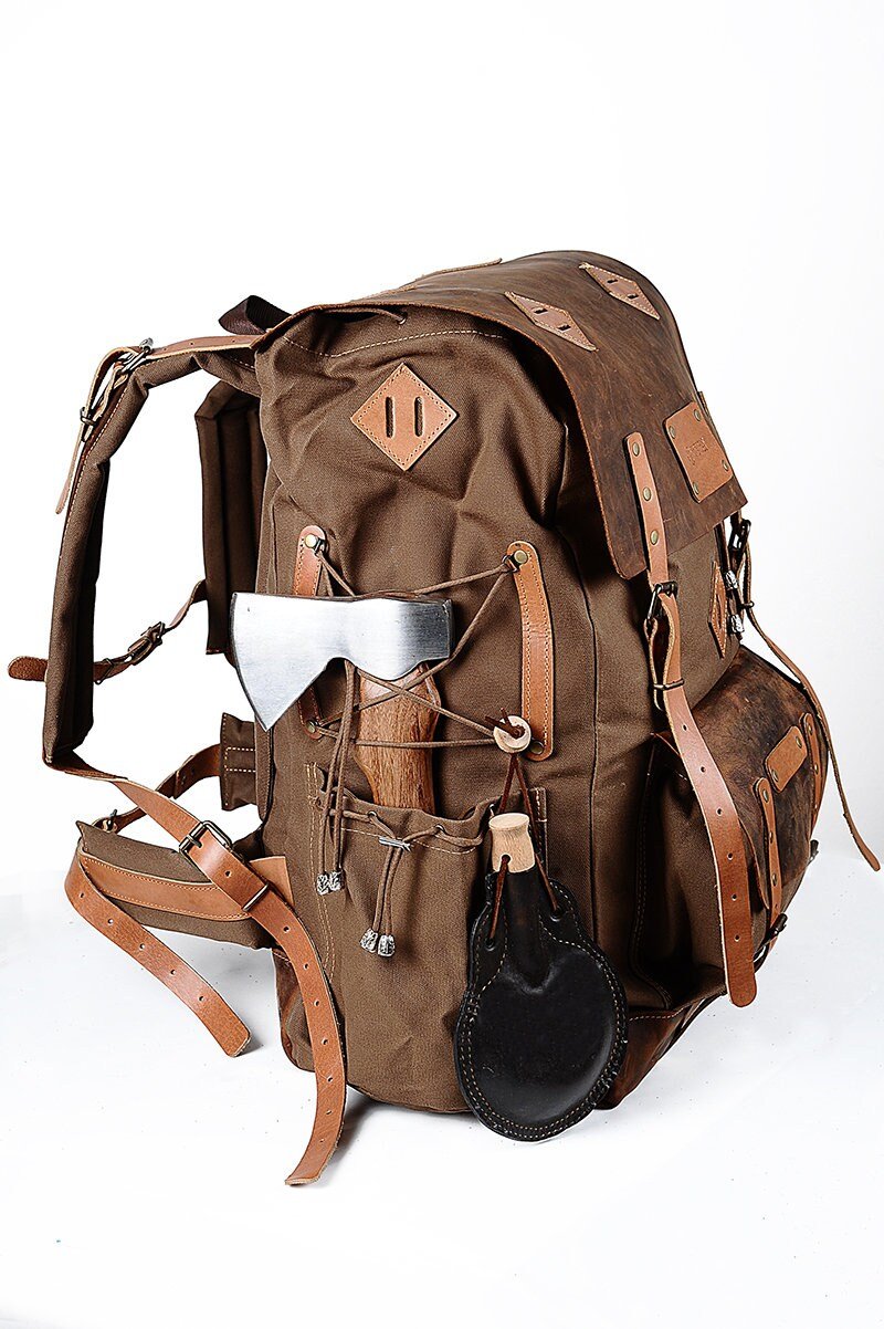 New Brown Handmade Wax Canvas and Genuine Leather Backpack for Travel, Camping, Fishing | 50 Liters | Personalization for your request  99percenthandmade