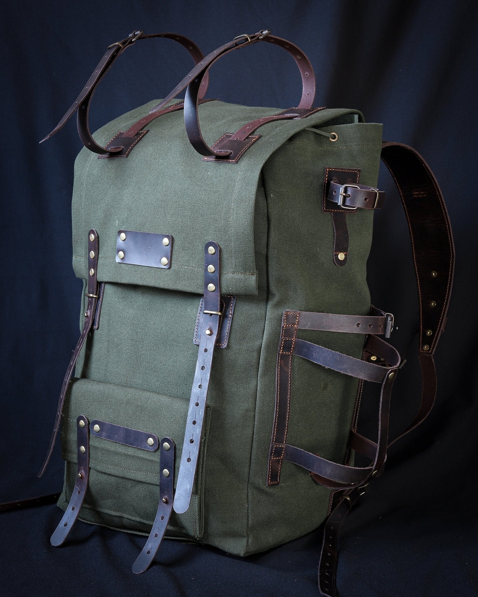craftsman backpack green with leather on front and back Leather-Canvas Backpack. Motorcycle,Camping,Bushcraft,Biking