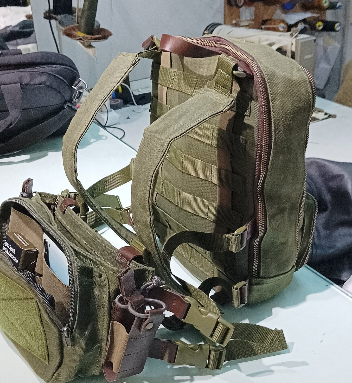 Tactical Chest Bag Chest rig Flatpack Set, Handmade leather and canvas