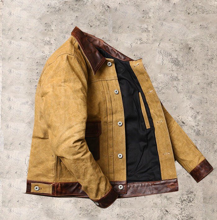 Waxed Canvas And Leather Jacket | Tailored to Your Size | Brown | Green |  Leather Jacket | Canvas Jacket | Gifts For Men  99percenthandmade