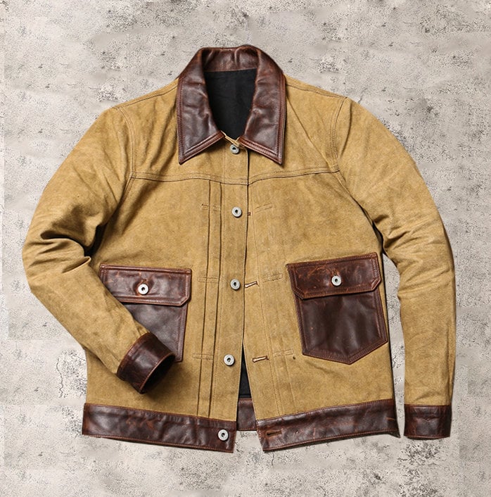Waxed Canvas And Leather Jacket | Tailored to Your Size | Brown | Green |  Leather Jacket | Canvas Jacket | Gifts For Men  99percenthandmade