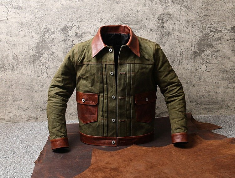 Waxed Canvas And Leather Jacket | Tailored to Your Size | Brown | Green |  Leather Jacket | Canvas Jacket | Gifts For Men  99percenthandmade