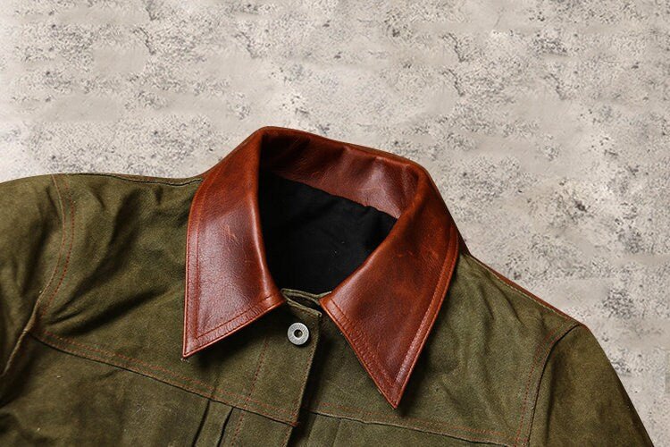 Waxed Canvas And Leather Jacket | Tailored to Your Size | Brown | Green |  Leather Jacket | Canvas Jacket | Gifts For Men  99percenthandmade