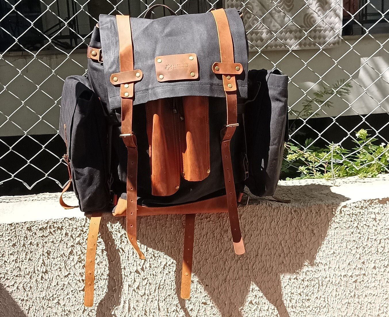 30L to 50L | Black,Brown,Green | Handmade  Waxed Canvas Backpack with leather for Travel, Camping | 50 Liter | Personalization  99percenthandmade   