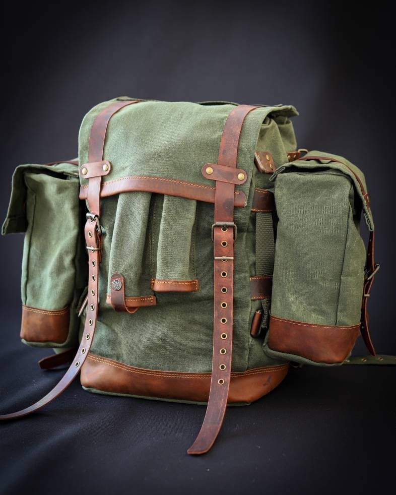 30L to 50L | Black,Brown,Green | Handmade  Waxed Canvas Backpack with leather for Travel, Camping | 50 Liter | Personalization  99percenthandmade   