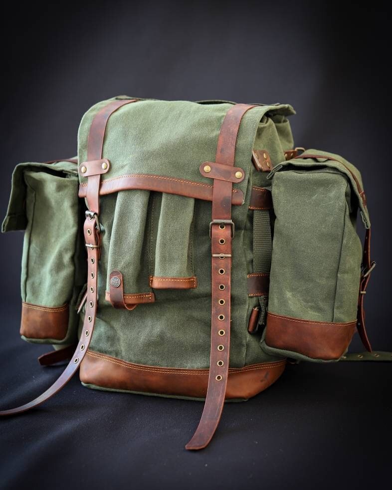 30L to 50L | Handmade  Waxed Canvas Backpack with leather for Travel, Camping | 50 Liter | Personalization  99percenthandmade   