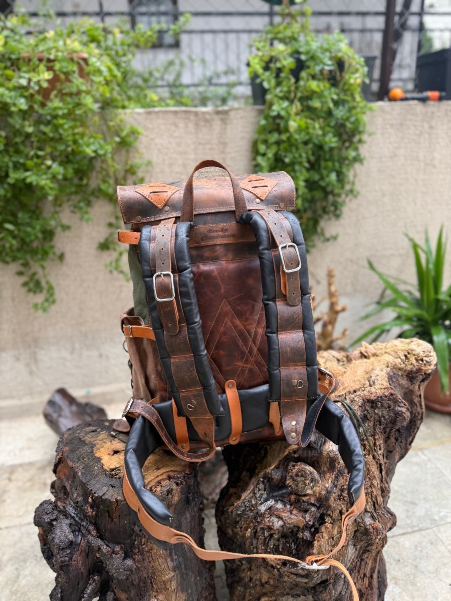 custom leather backpack for sale Handmade Leather-Canvas Backpack for Travel, Camping, Bushcraft