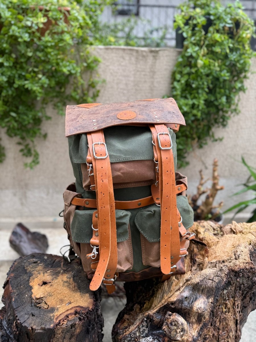 cognac leather canvas caravan backpack Handmade Leather-Canvas Backpack for Travel, Camping, Bushcraft