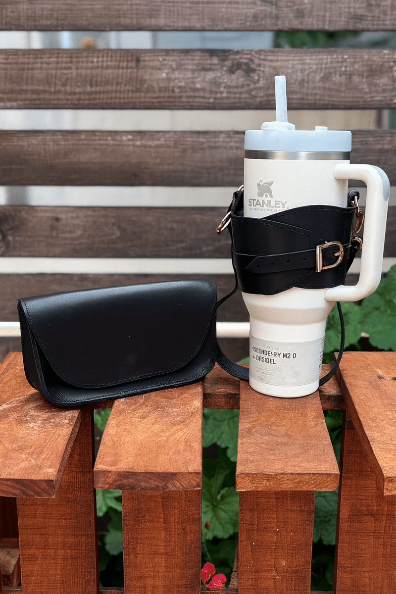 Handmade Leather Stanley Thermos Holder & Bottle Sling Set | Adjustable Dual Drink Carriers with Phone & Wallet Pouches | Universal Fit Thermos Bag Collection - 99percenthandmade - 99percenthandmade - Black - Thermos Holder with Adjustable Strap and Chest Bag - 