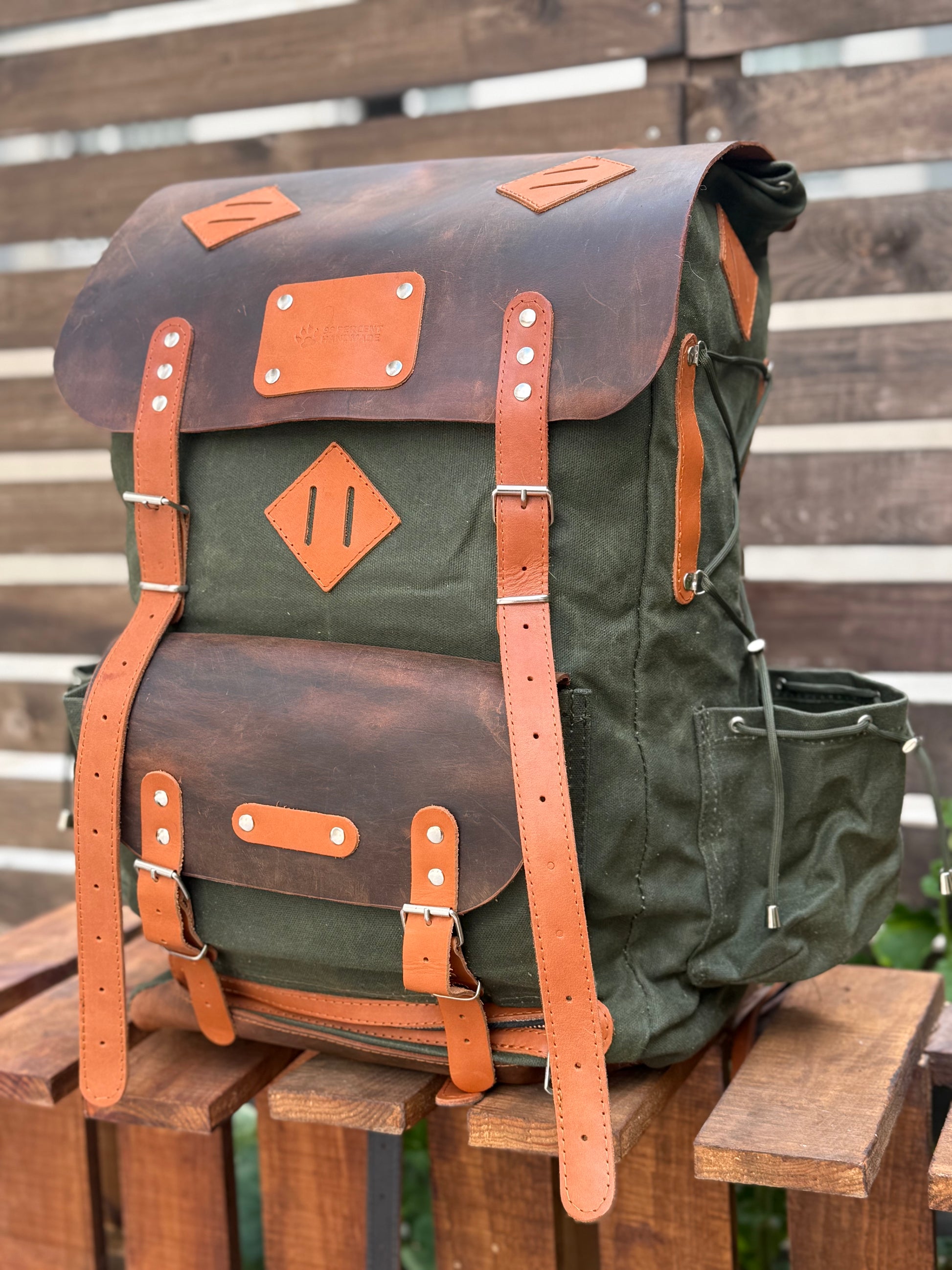 distressed leather backpack bag Leather and Waxed Canvas Backpack | Hiking Backpack | Extra large | Bushcraft