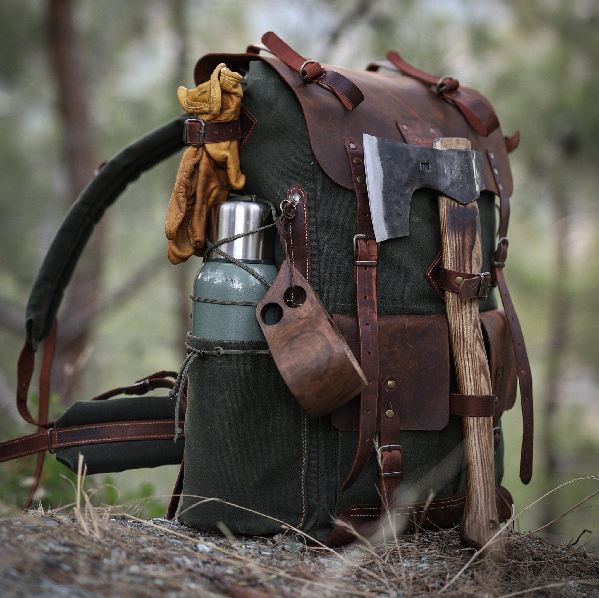 Black-Brown-Green | Bushcraft Handmade Waxed Canvas Backpack | 50 L |