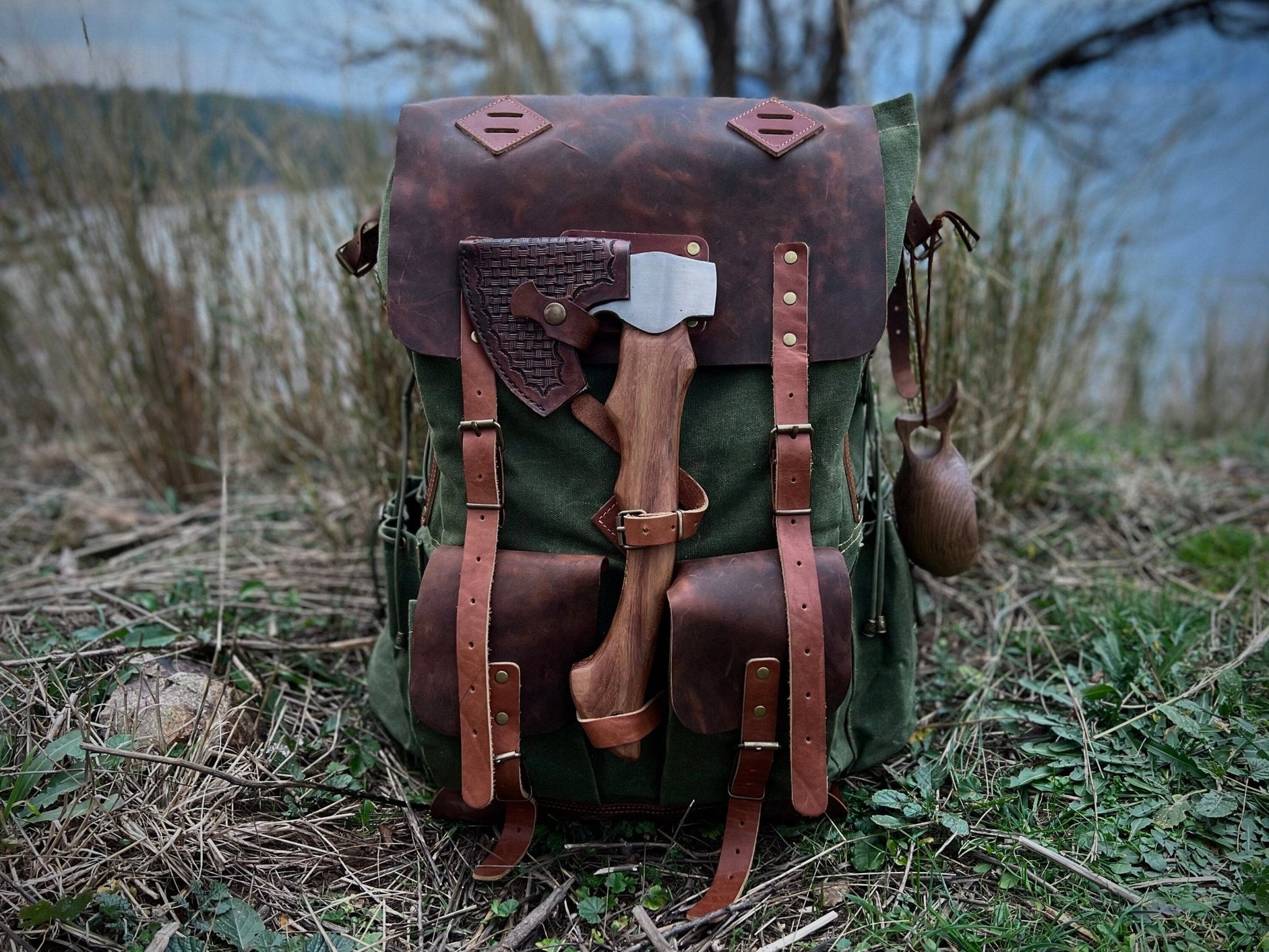 douglas black canvas backpack with faux leather Black-Brown-Green | Bushcraft Handmade Waxed Canvas Backpack