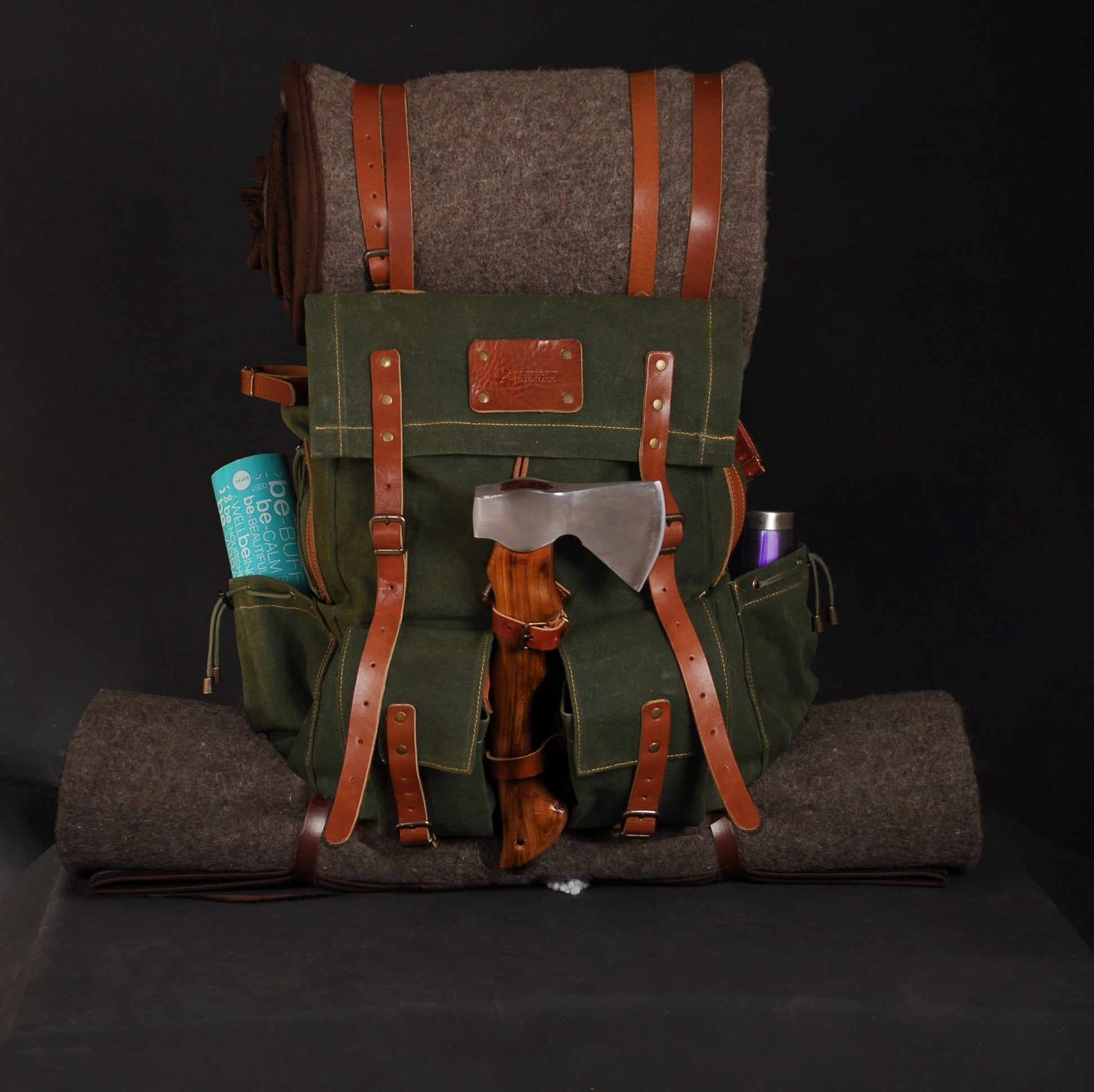 Black-Brown-Green-White | Hiking Backpack | Leather - Canvas | Hiking Backpacks bushcraft - camping - hiking backpack 99percenthandmade