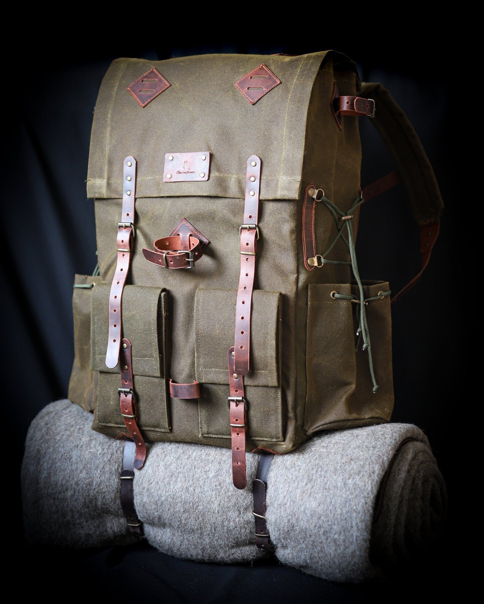 Brown,Green, Khaki, Handmade Leather and Waxed Canvas Backpack for Bushcraft , Camping, Hiking | 50 Liter | Personalization  99percenthandmade   