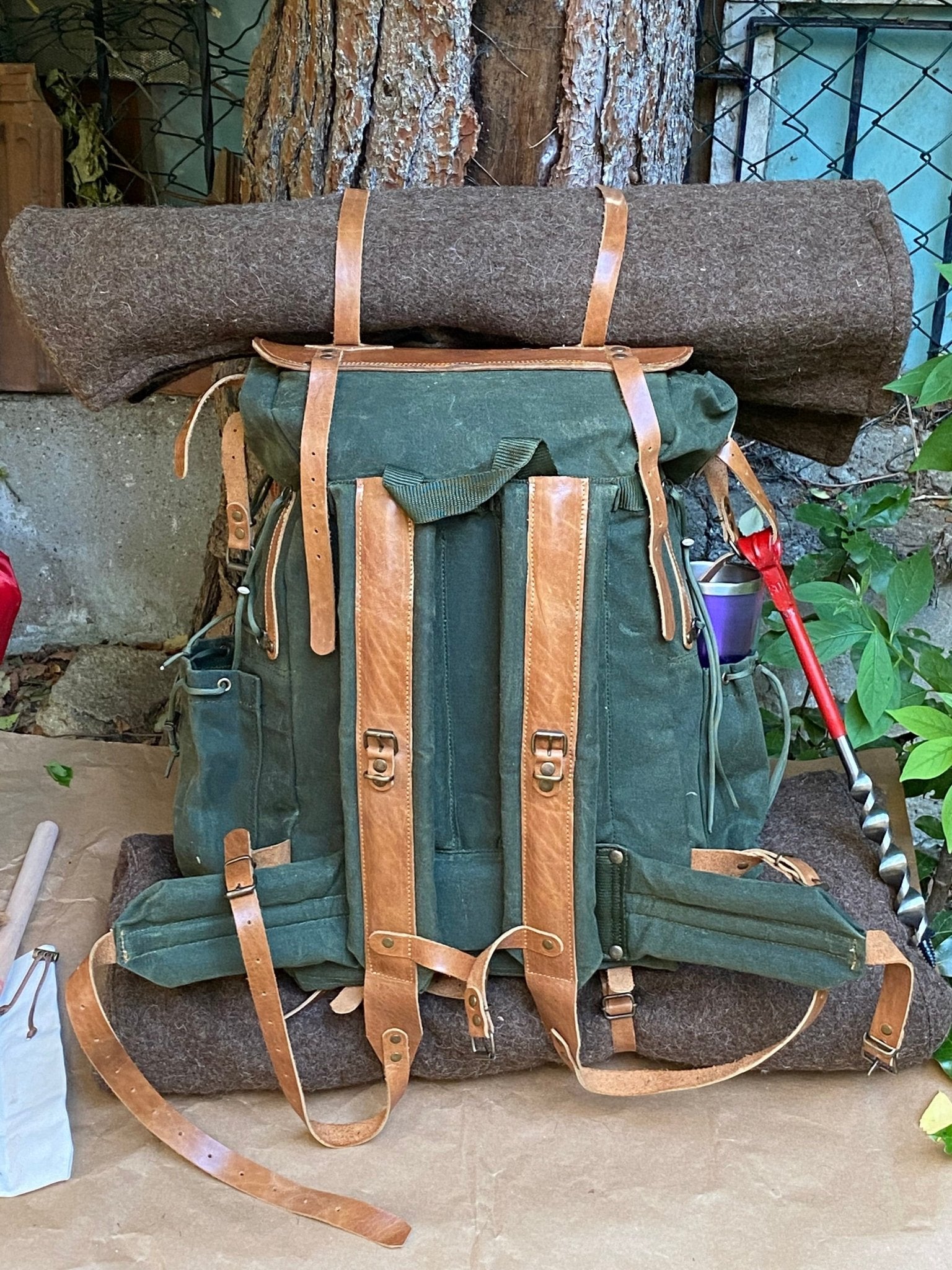 Bushcraft Handmade Green Wax Canvas and Genuine Leather Backpack for Travel, Camping, Fishing | 50 Liters | Personalization for your request bushcraft - camping - hiking backpack 99percenthandmade   