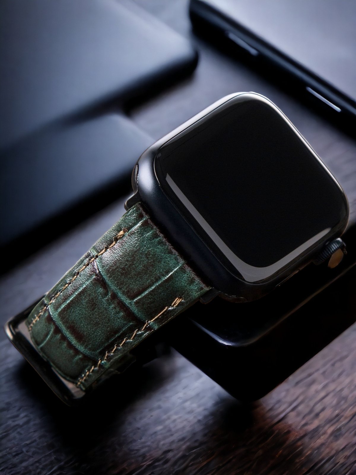 Crocodile Embossed Black Leather Apple Watch Strap ( Black, Brown, Blue, Red, Green )  99percenthandmade Green  