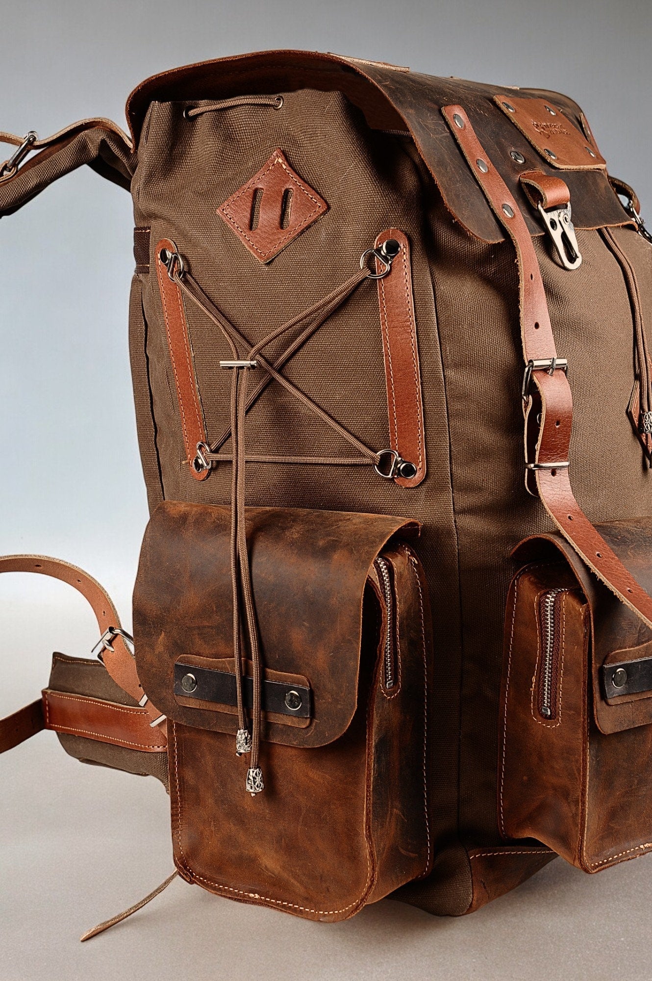 Daypack Laptop Backpack Handmade Waxed Canvas and Leather, 40L-50L Size Options  99percenthandmade   