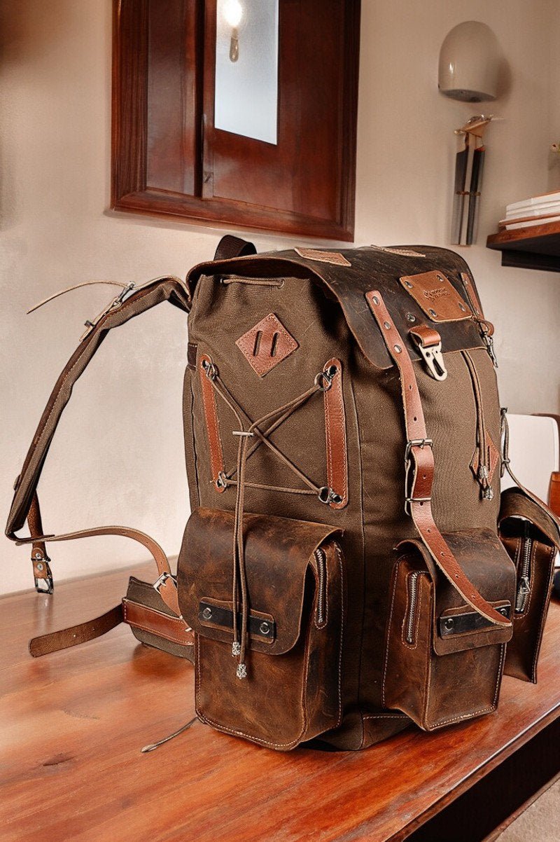 Daypack Laptop Backpack Handmade Waxed Canvas and Leather, 40L-50L Size Options  99percenthandmade   