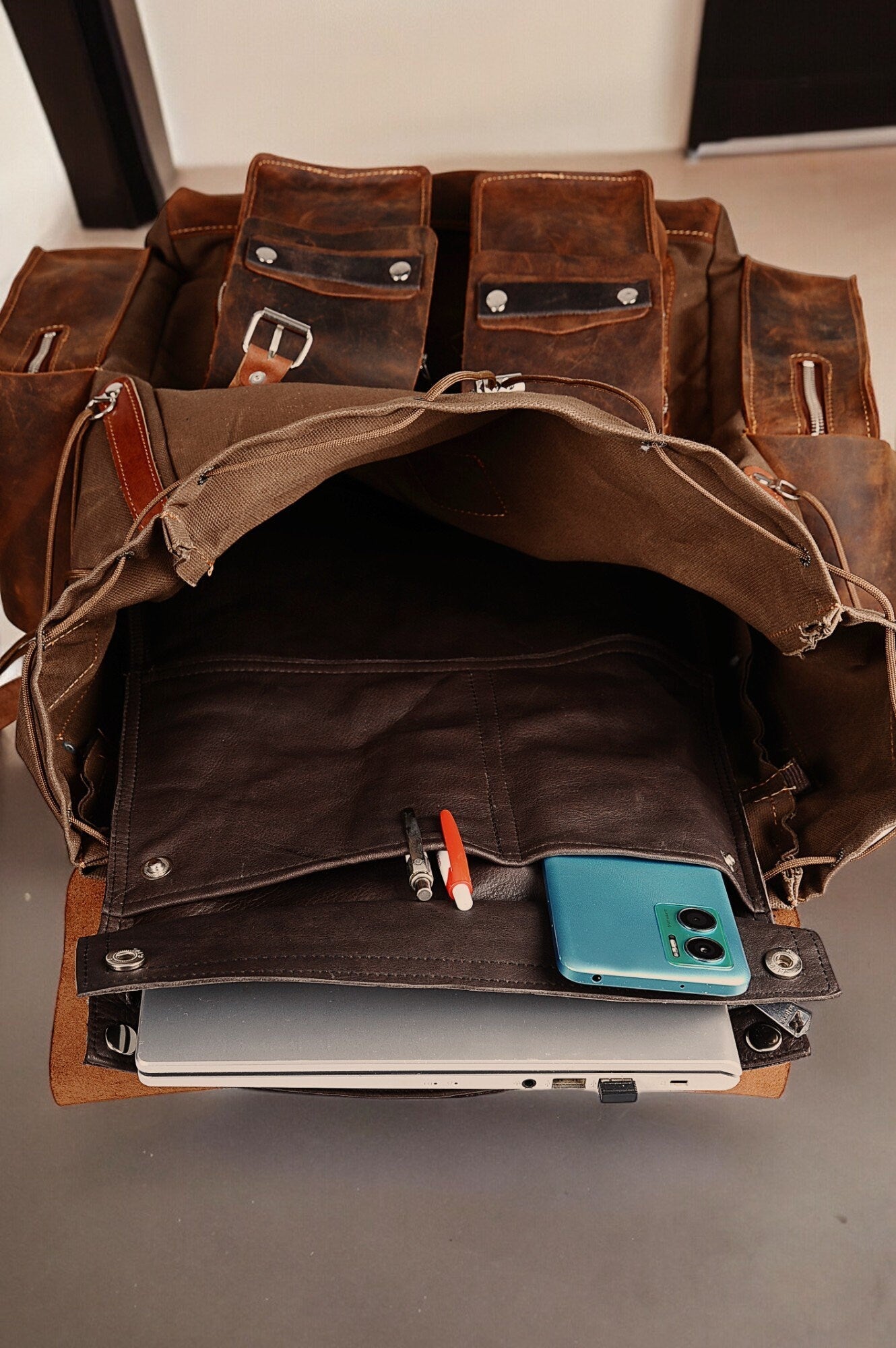 Daypack Laptop Backpack Handmade Waxed Canvas and Leather, 40L-50L Size Options  99percenthandmade   