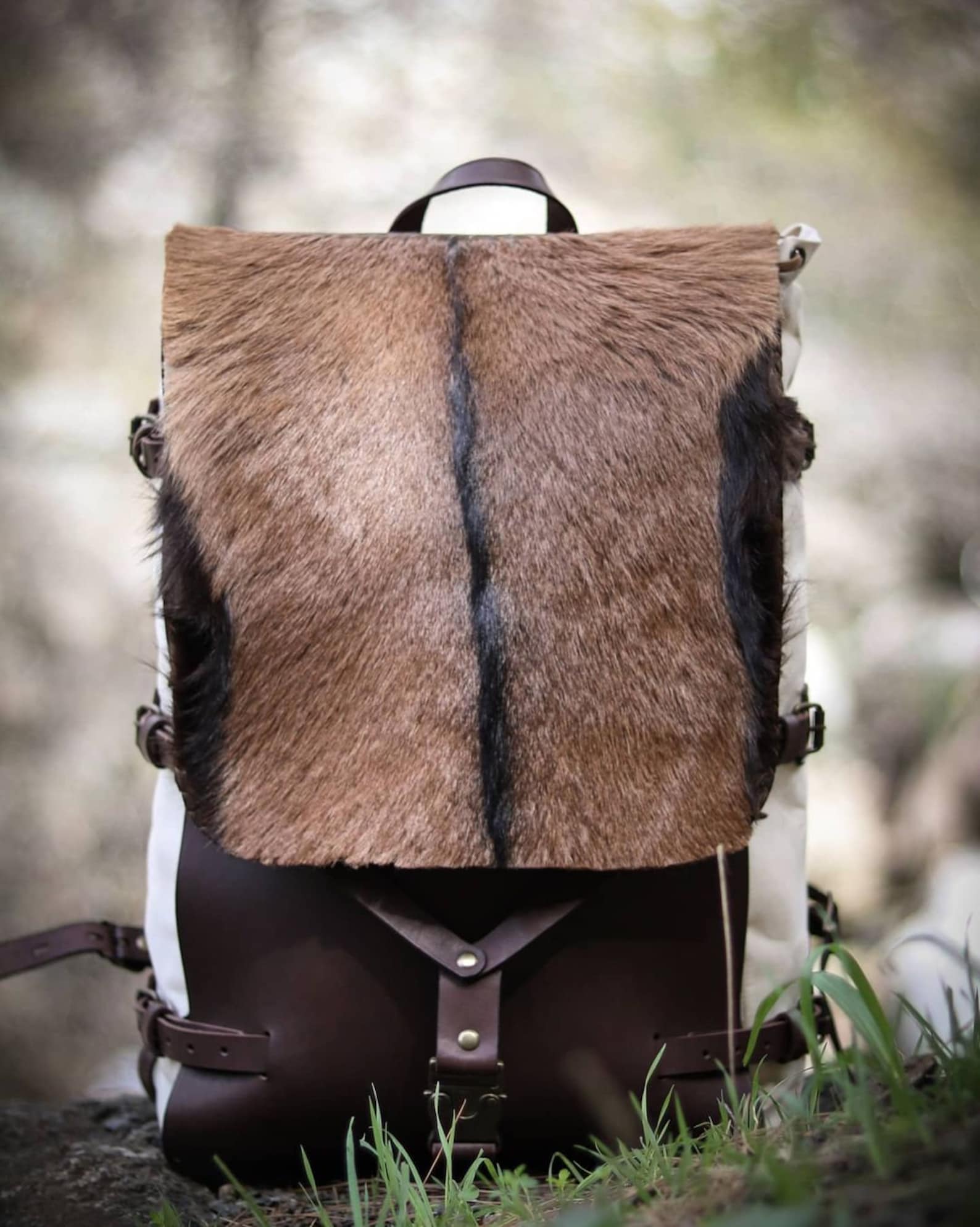 Goat Fur , Canvas and Leather Bag | Bushcraft | Camping | Outdoor | Hiking | Handmade Backpack l  | 30,40,50 Litres option bushcraft - camping - hiking backpack 99percenthandmade White 30 With Fur