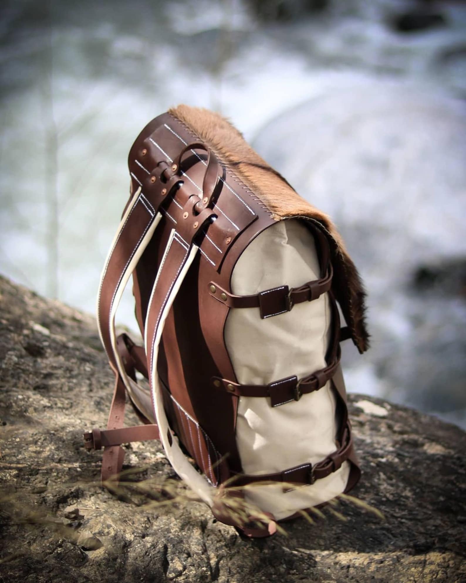 Handmade Camping Backpack, Fur Flap, Leather and Canvas