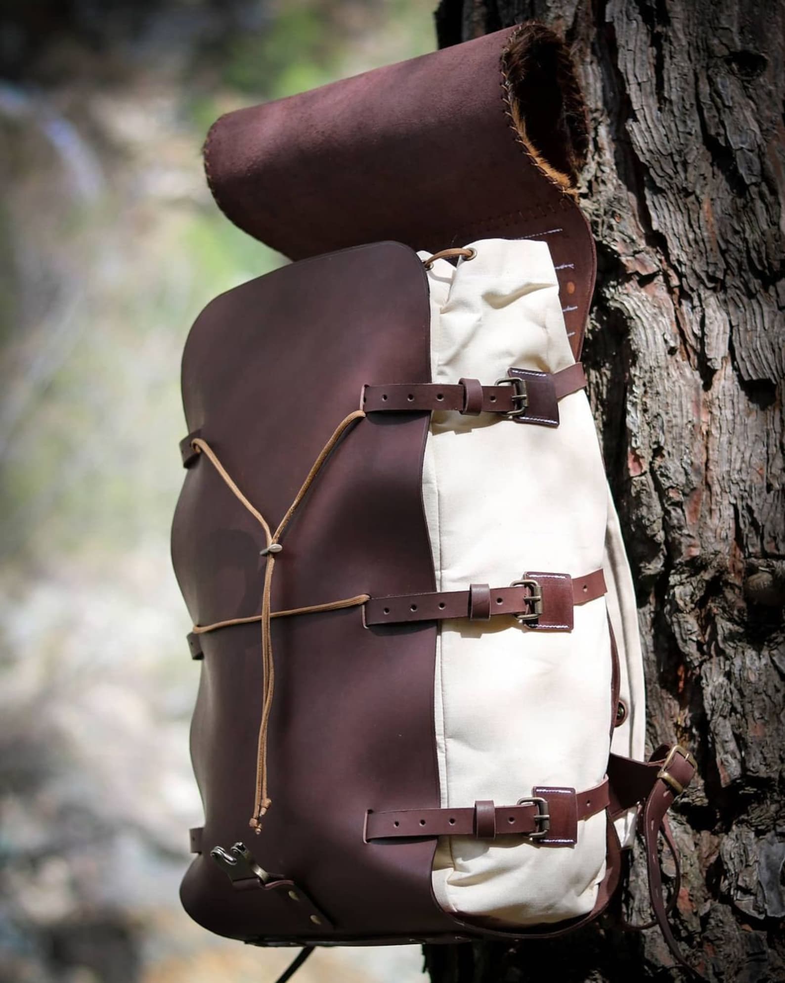 Goat Fur , Canvas and Leather Bag | Bushcraft | Camping | Outdoor | Hiking | Handmade Backpack l  | 30,40,50 Litres option bushcraft - camping - hiking backpack 99percenthandmade   