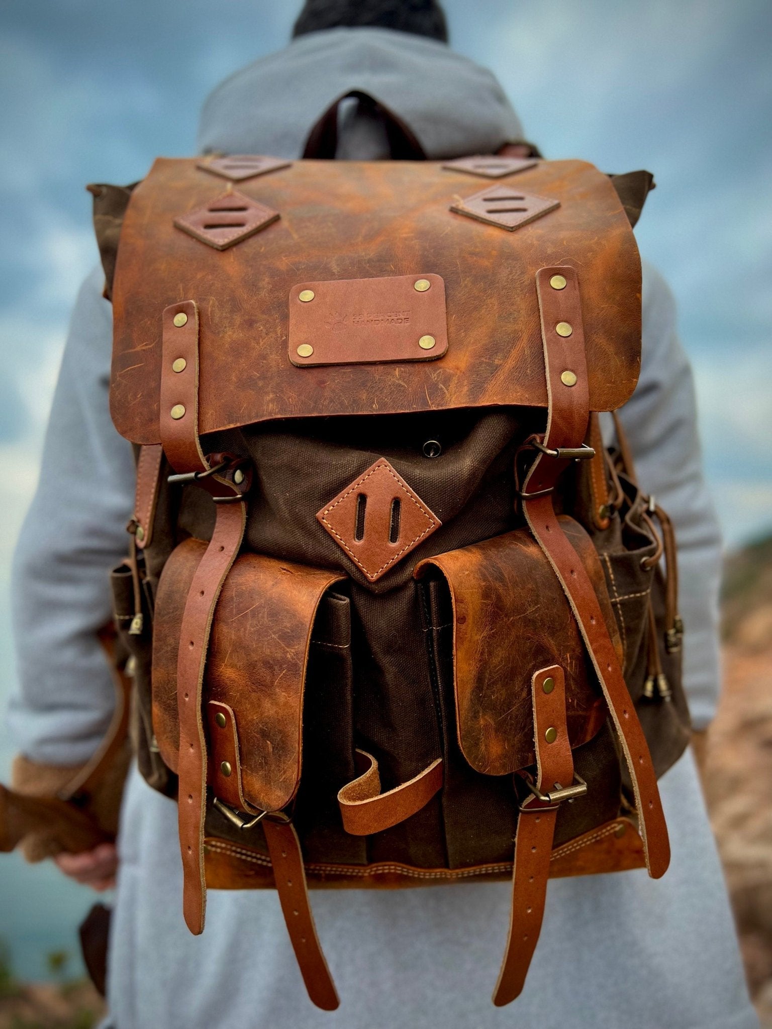 Handmade Camping Waxed Canvas Backpack with Black-Brown-Green and 30 to 80 Liter Options, Front Pocket with Zipper, Bushcraft, Camping, 99percenthandmade