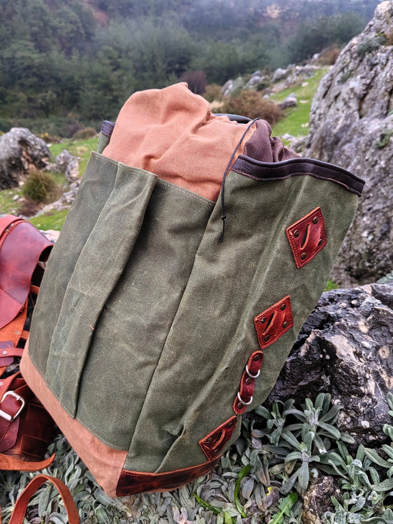 Handmade Custom Leather and Waxed Backpack for Travel, Camping | inside 45 Liter | Personalization  99percenthandmade   