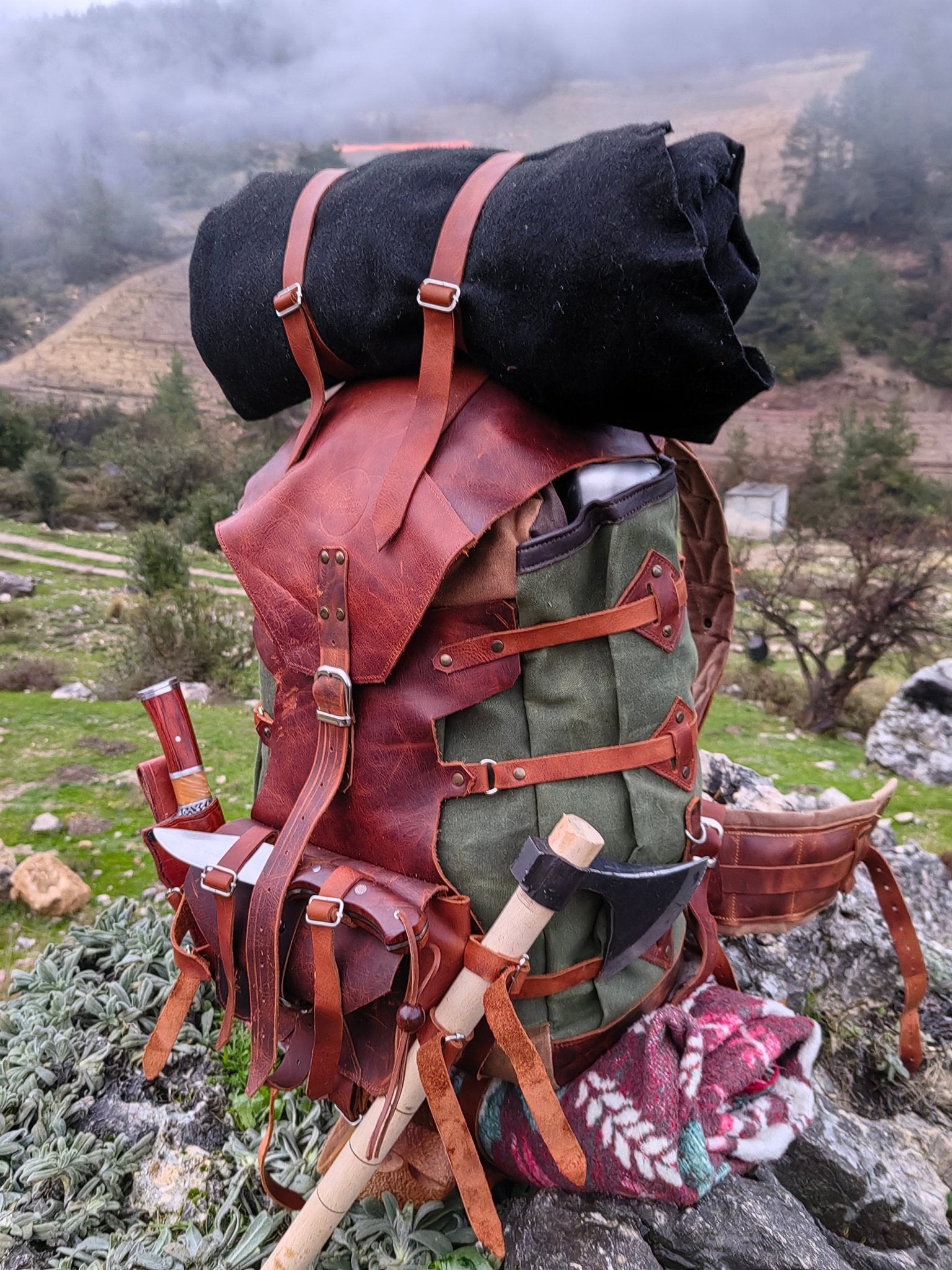 costume national leather backpack Handmade Custom Leather and Waxed Backpack for Travel, Camping | inside 45 Liter
