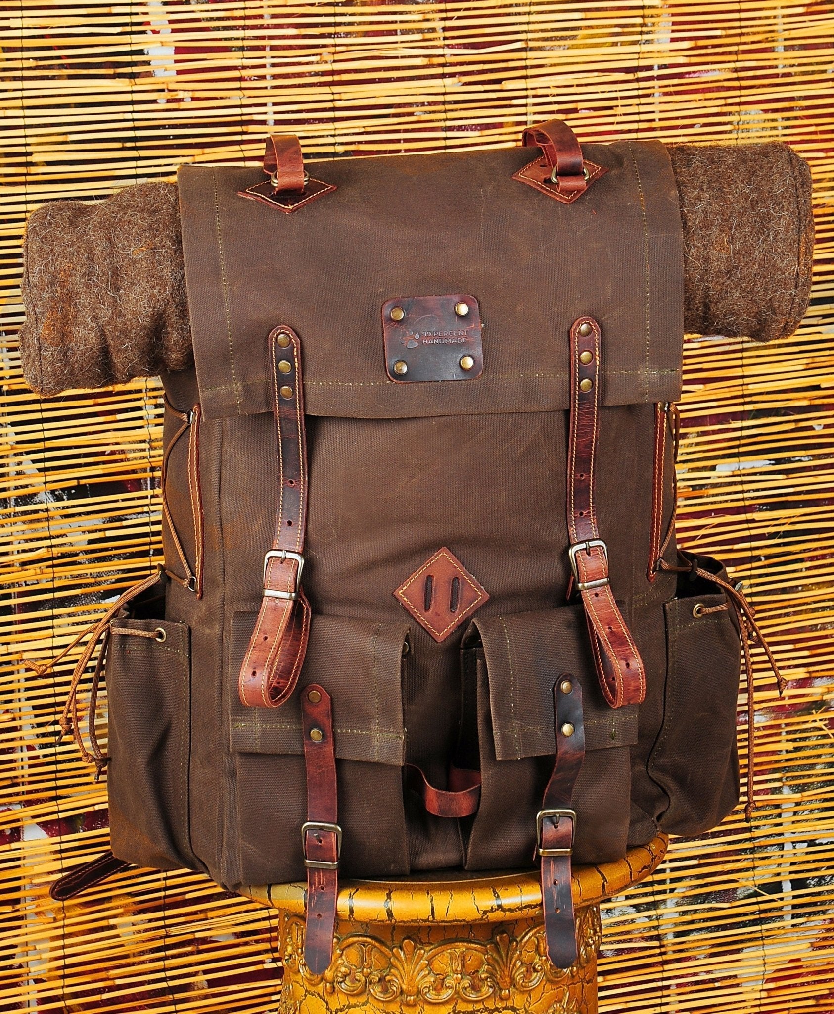 Hiking Backpack | Camping Backpack | Black-Brown-Black-White  | Waxed Canvas with Leather Details  | 50 L | Personalization  99percenthandmade   