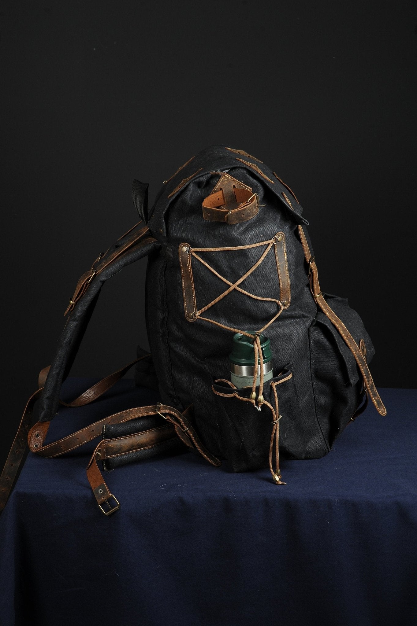 Hiking Backpack | Camping Backpack | Black-Brown-Black-White  | Waxed Canvas with Leather Details  | 50 L | Personalization  99percenthandmade   