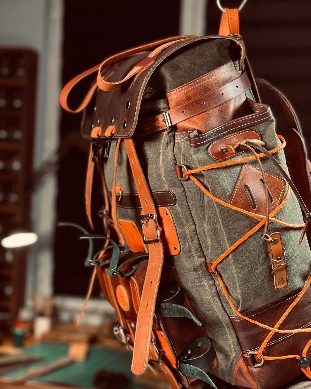 Hiking Backpack | Leather - Canvas | Hiking Rucksack | Hiking Backpacks | Green - Brown | bushcraft - camping - hiking backpack 99percenthandmade   