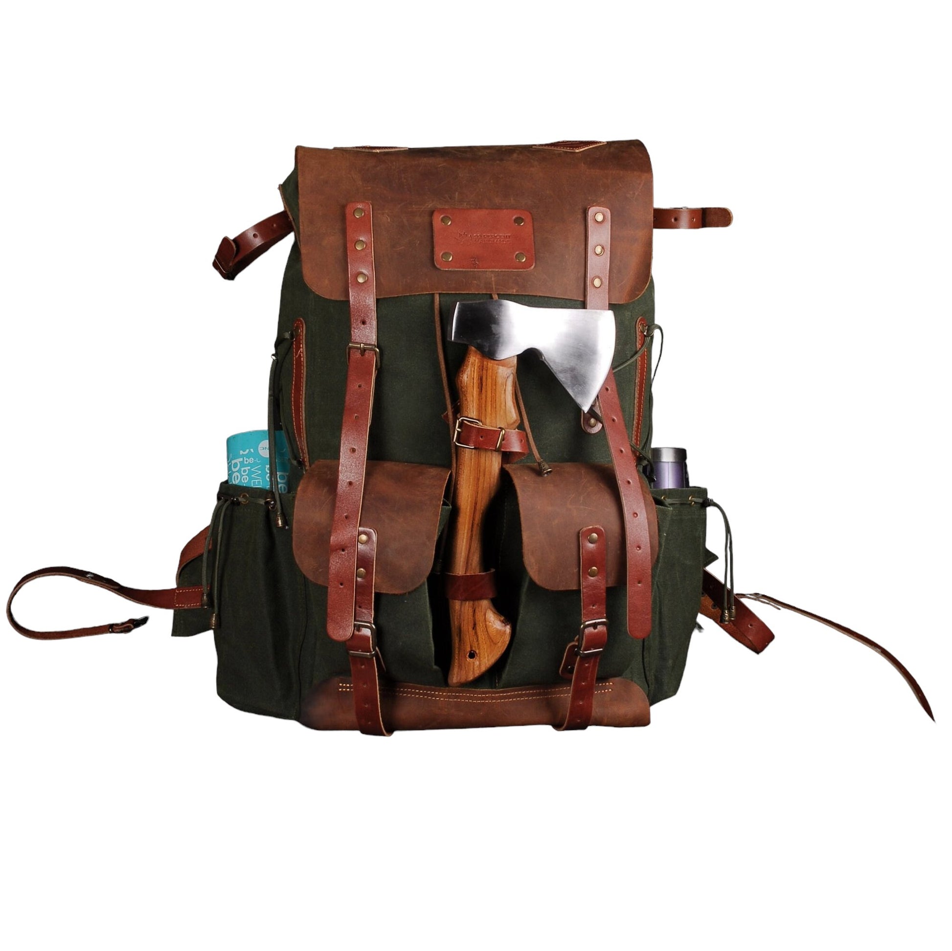 Hiking | Hiking Backpack | Hiking Bag | Leather and Canvas Backpack | Leather | Canvas | Camping Backpack | Bushcraft  | Camping | Rucksack bushcraft - camping - hiking backpack 99percenthandmade 30 Liters Green Leather Flap 