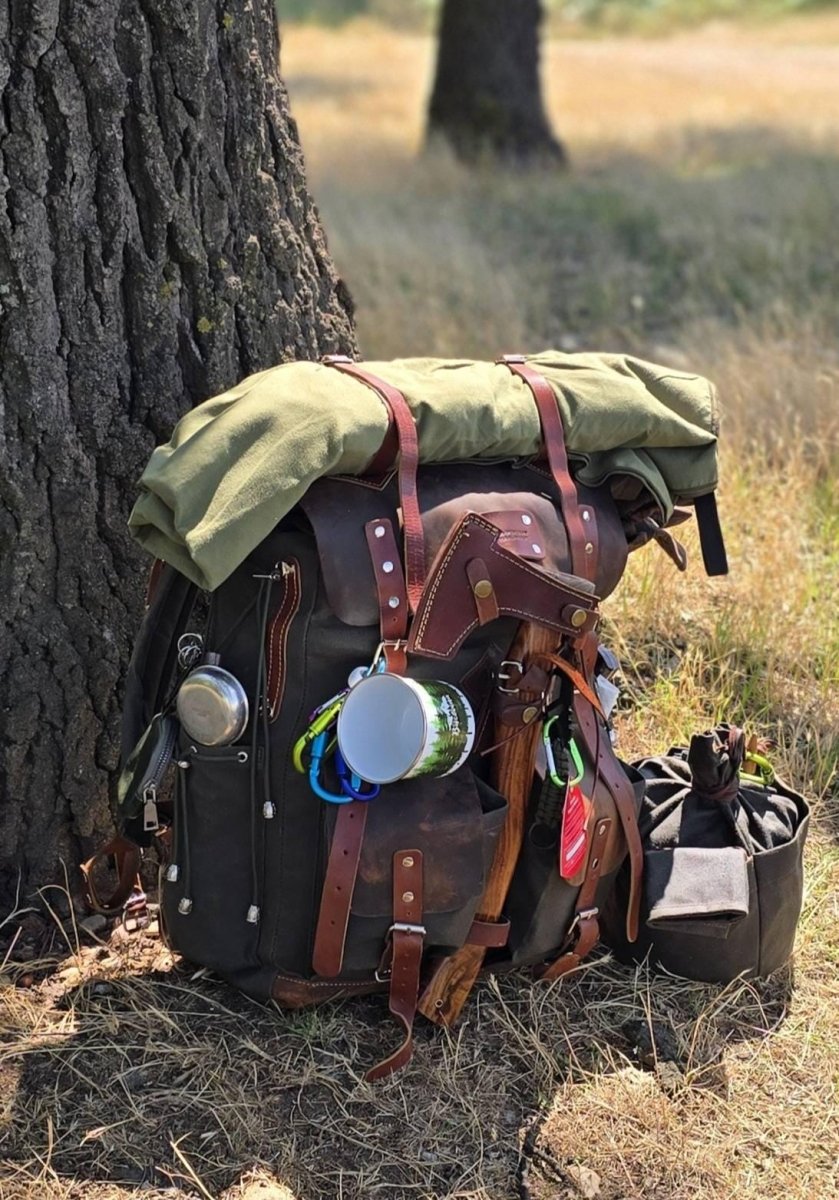 Handmade Bushcraft Leather Backpack with Axe Holder, Travel