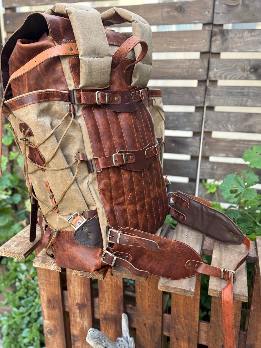 Heritage 45L Versatile Backpack: Handmade Leather & Canvas for Bushcraft, Travel & Daily Use 99percenthandmade