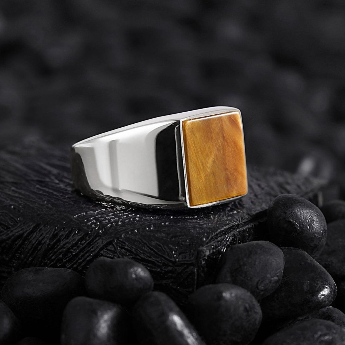 Men’s Silver Square Signet Ring with Onyx Black Zircon Red Agate Mother of Pearl Tiger Eye Blue Sapphire (Copy) Othello