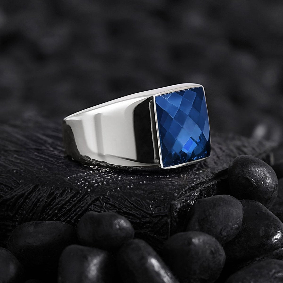 Men’s Silver Square Signet Ring with Onyx Black Zircon Red Agate Mother of Pearl Tiger Eye Blue Sapphire (Copy) Othello